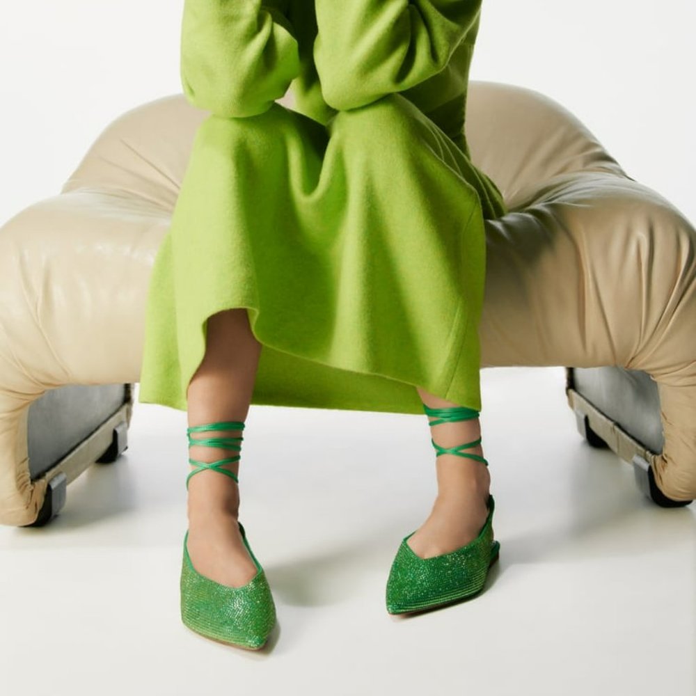 NWT zara EMERALD KELLY GREEN RHINESTONE TIE STRAP shoes 6